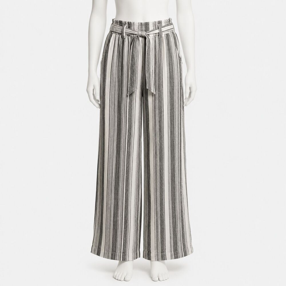 Jolt Black and White Striped Tie Waist Linen Blend Pants
